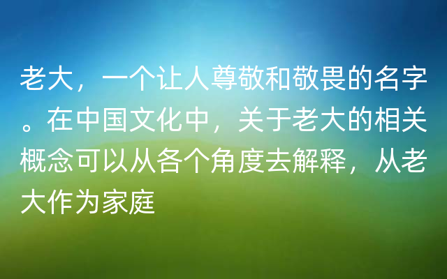 老大，一个让人尊敬和敬畏的名字。在中国文化中，关于老大的相关概念可以从各个角度去