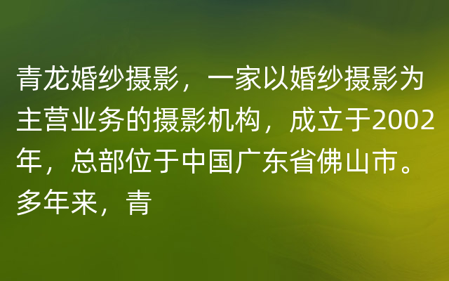 青龙婚纱摄影，一家以婚纱摄影为主营业务的摄影机构，成立于2002年，总部位于中国广东