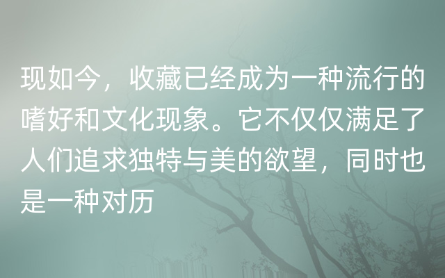 现如今，收藏已经成为一种流行的嗜好和文化现象。它不仅仅满足了人们追求独特与美的欲