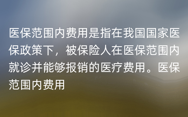 医保范围内费用是指在我国国家医保政策下，被保险人在医保范围内就诊并能够报销的医疗