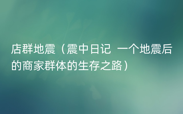 店群地震（震中日记  一个地震后的商家群体的生存之路）