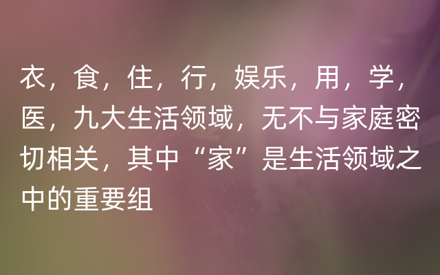 衣，食，住，行，娱乐，用，学，医，九大生活领域，无不与家庭密切相关，其中“家”是