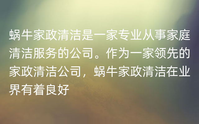 蜗牛家政清洁是一家专业从事家庭清洁服务的公司。作为一家领先的家政清洁公司，蜗牛家