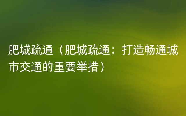 肥城疏通（肥城疏通：打造畅通城市交通的重要举措）