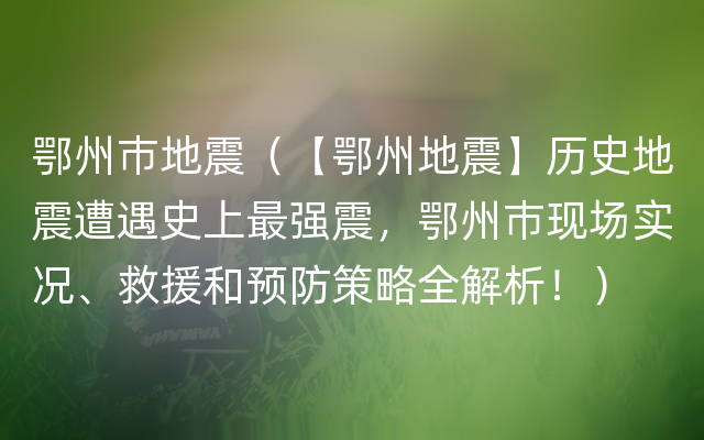 鄂州巿地震（【鄂州地震】历史地震遭遇史上最强震，鄂州巿现场实况、救援和预防策略全