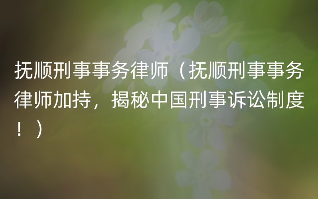 抚顺刑事事务律师（抚顺刑事事务律师加持，揭秘中国刑事诉讼制度！）