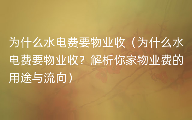 为什么水电费要物业收（为什么水电费要物业收？解析你家物业费的用途与流向）