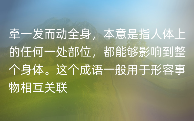 牵一发而动全身，本意是指人体上的任何一处部位，都能够影响到整个身体。这个成语一般