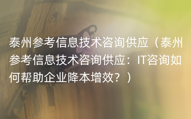 泰州参考信息技术咨询供应（泰州参考信息技术咨询供应：IT咨询如何帮助企业降本增效？