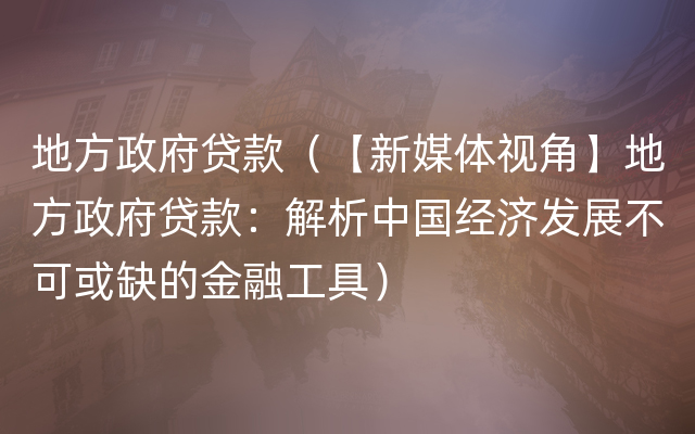 地方政府贷款（【新媒体视角】地方政府贷款：解析中国经济发展不可或缺的金融工具）