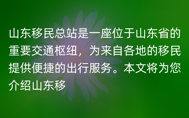 山东移民总站是一座位于山东省的重要交通枢纽，为来自各地的移民提供便捷的出行服务。