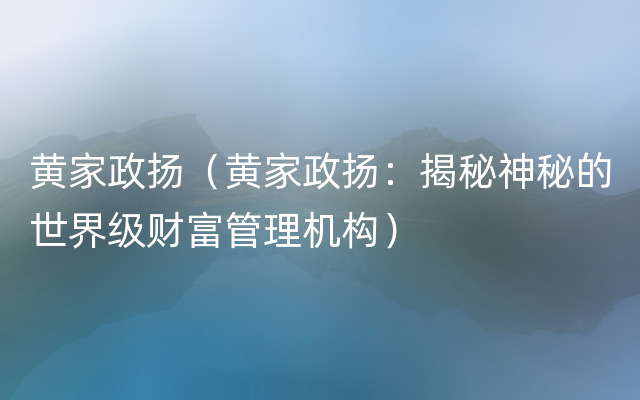 黄家政扬（黄家政扬：揭秘神秘的世界级财富管理机构）