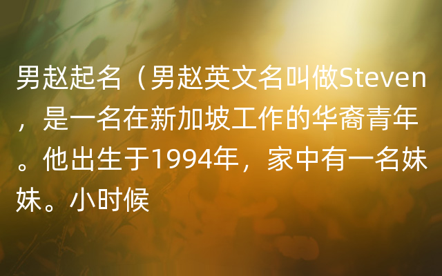 男赵起名（男赵英文名叫做Steven，是一名在新加坡工作的华裔青年。他出生于1994年，家