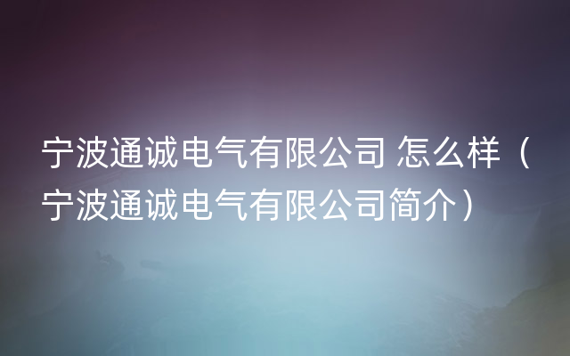 宁波通诚电气有限公司 怎么样（宁波通诚电气有限公司简介）