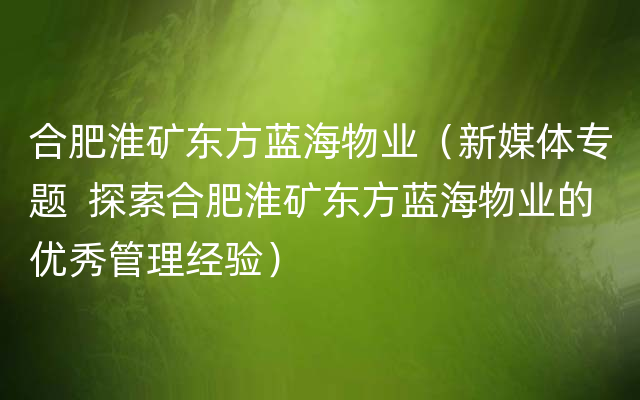 合肥淮矿东方蓝海物业（新媒体专题  探索合肥淮矿东方蓝海物业的优秀管理经验）