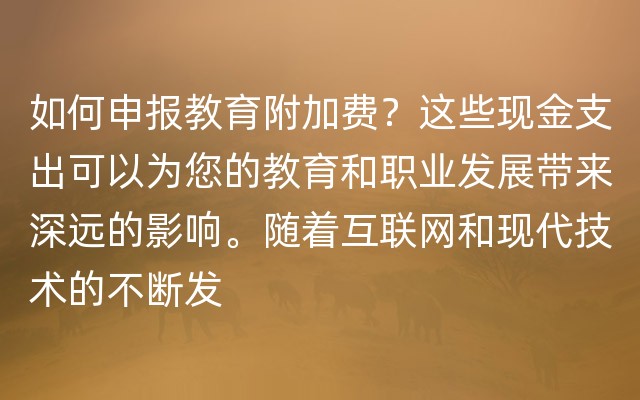 如何申报教育附加费？这些现金支出可以为您的教育和职业发展带来深远的影响。随着互联