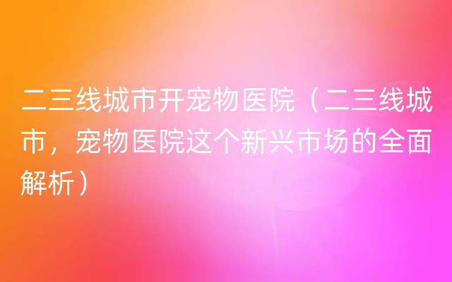 二三线城市开宠物医院（二三线城市，宠物医院这个新兴市场的全面解析）