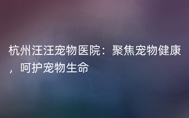 杭州汪汪宠物医院：聚焦宠物健康，呵护宠物生命