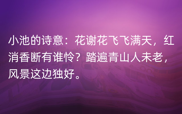 小池的诗意：花谢花飞飞满天，红消香断有谁怜？踏遍青山人未老，风景这边独好。