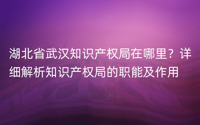 湖北省武汉知识产权局在哪里？详细解析知识产权局的职能及作用